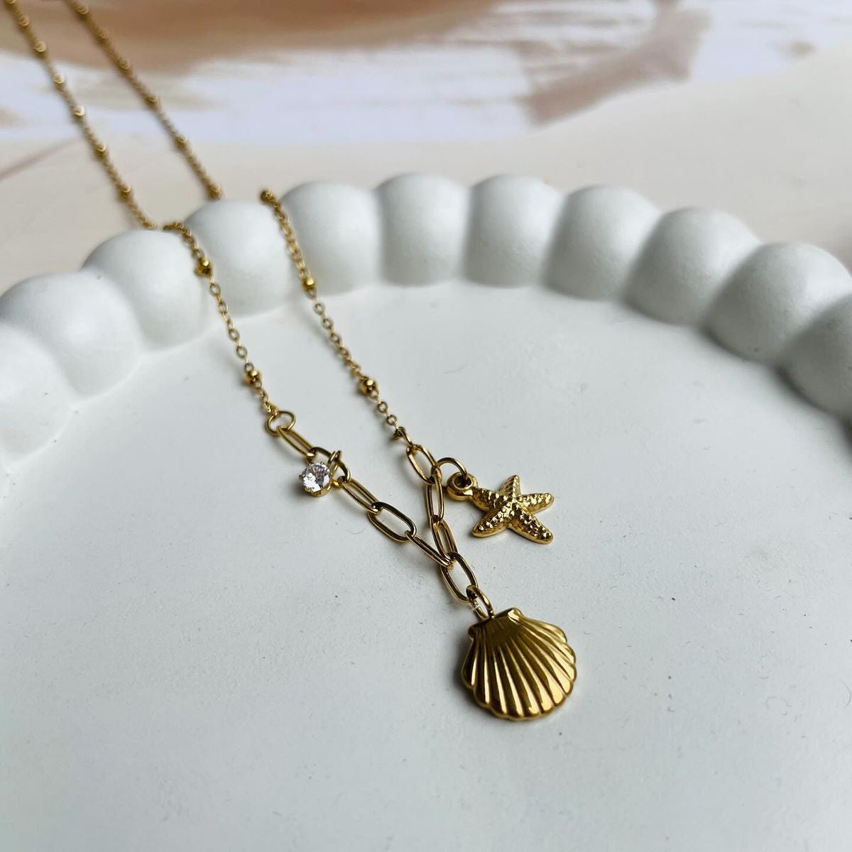 Golden Seashell & Starfish Pendant Necklace