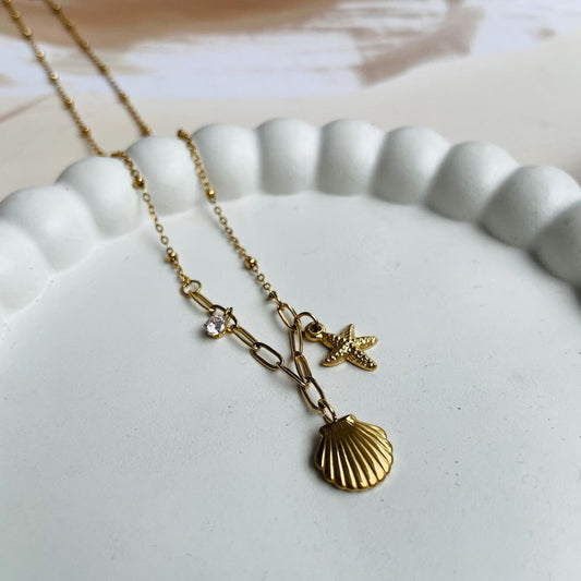 Golden Seashell & Starfish Pendant Necklace