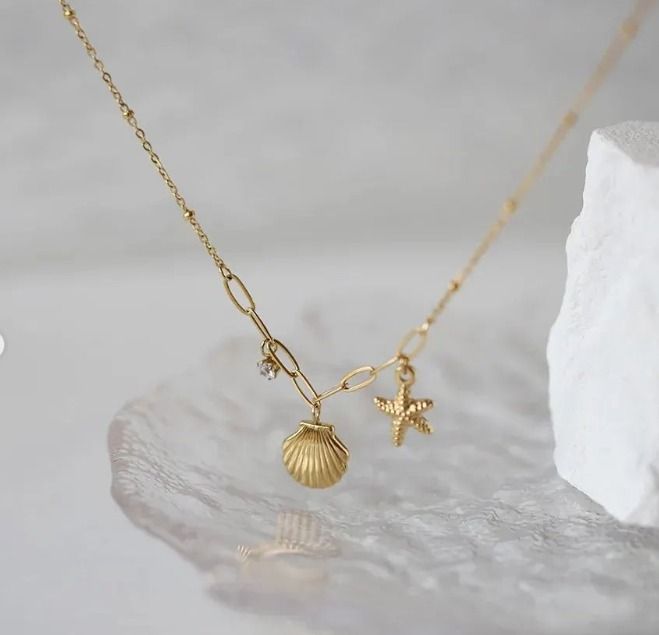 Golden Seashell & Starfish Pendant Necklace