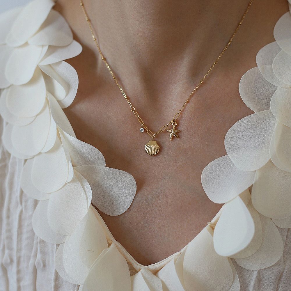 Golden Seashell & Starfish Pendant Necklace