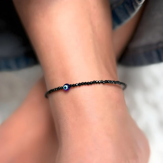 Black Tourmaline Anklet with Evil Eye Charm–Protection |World Of Oorja with certificate